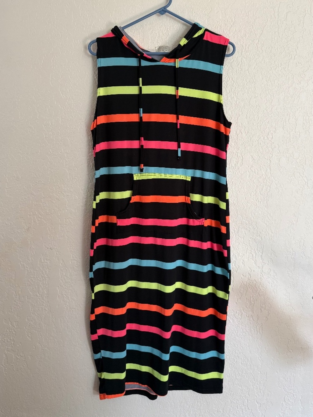 Bobbie Brooks XL Striped Hooded Dress Black Neon Multicolor Sleeveless